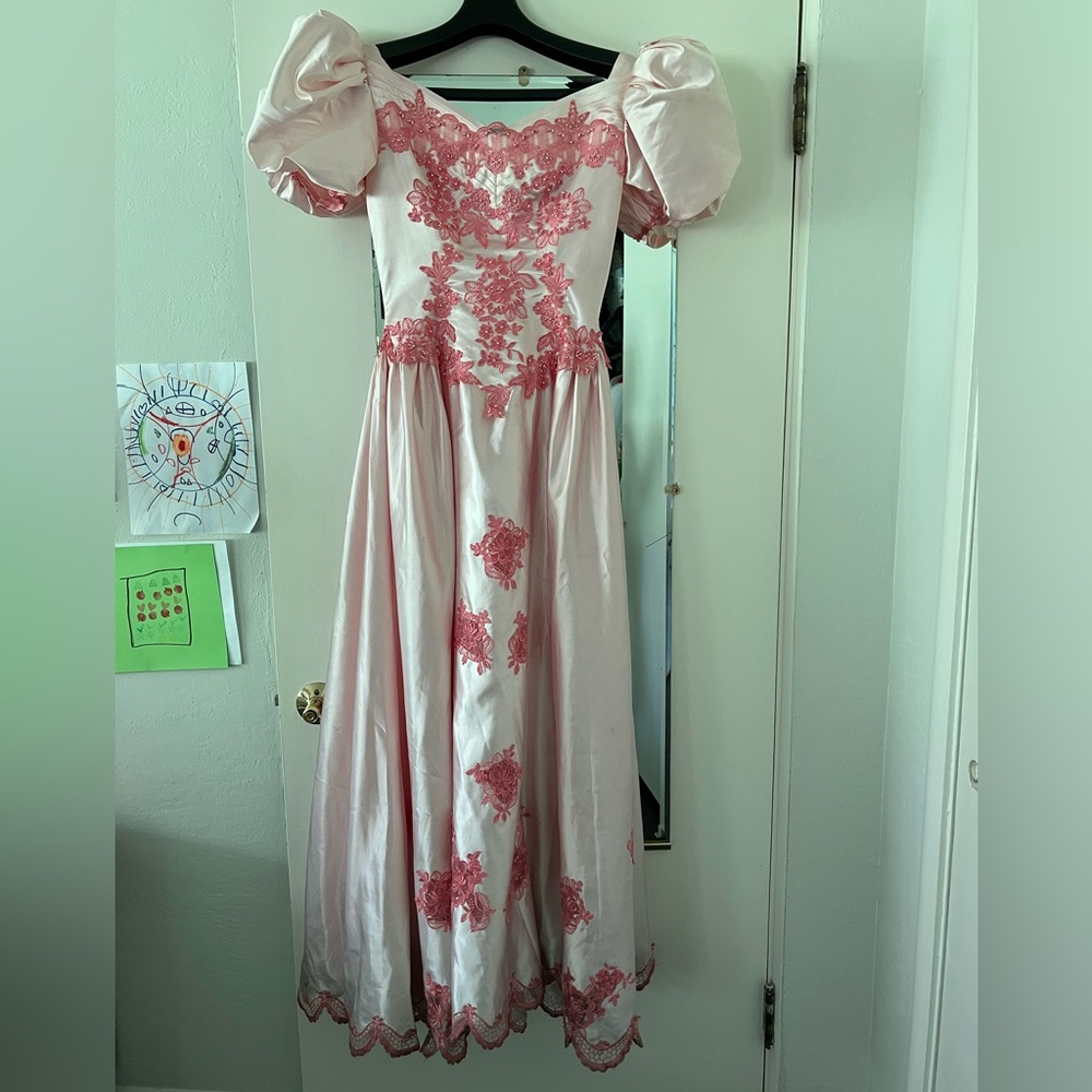 Retro 80s Puff Sleeve Satin Embellished Dress- Glinda costume, Princess, Barbie - Picture 4 of 11